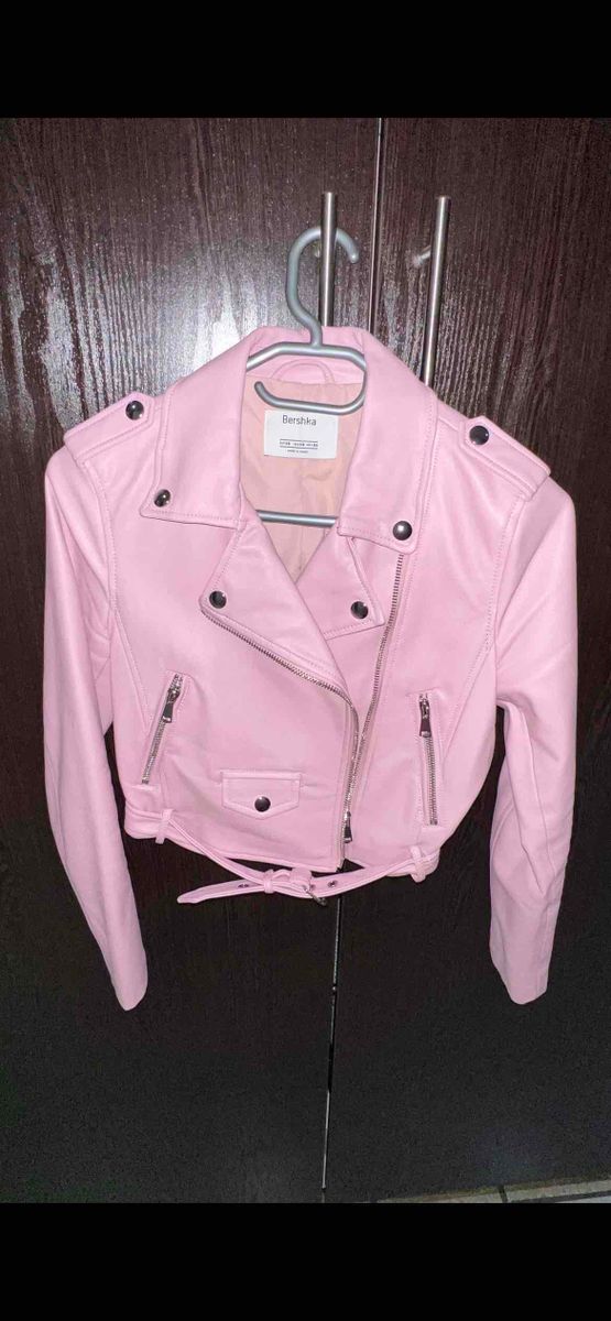 Pink leather jacket bershka deals