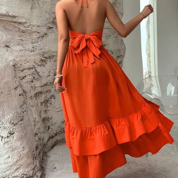 Tie Backless Ruffle Hem Halter Dress