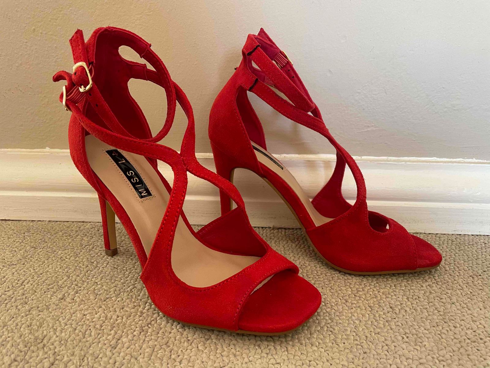 Red suede strappy heels hot sale