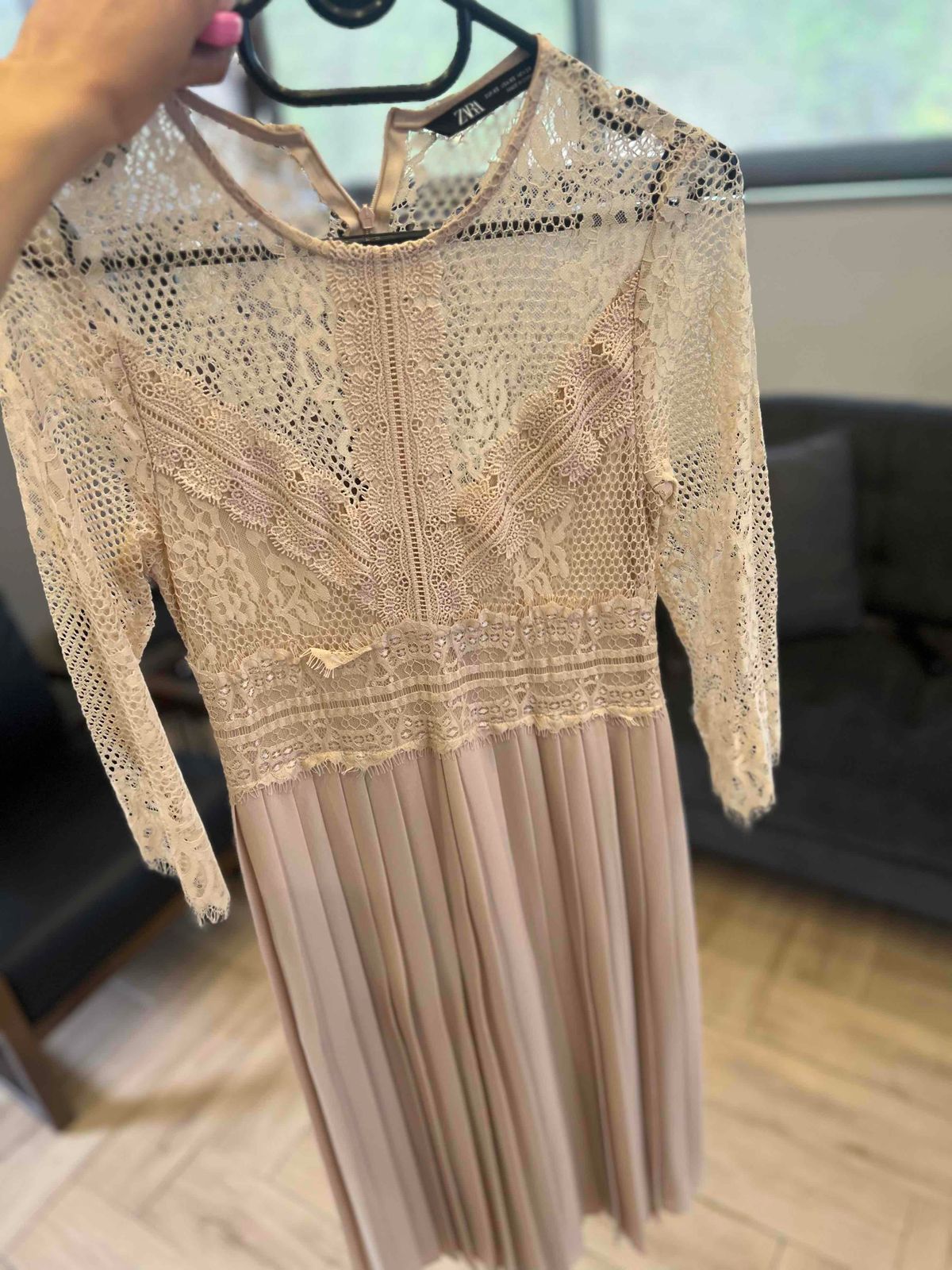 chinese dress ladies Zara Basic Elegant Emerald Green Lace Dress with Faux Pearl Buttons, S   FADVault