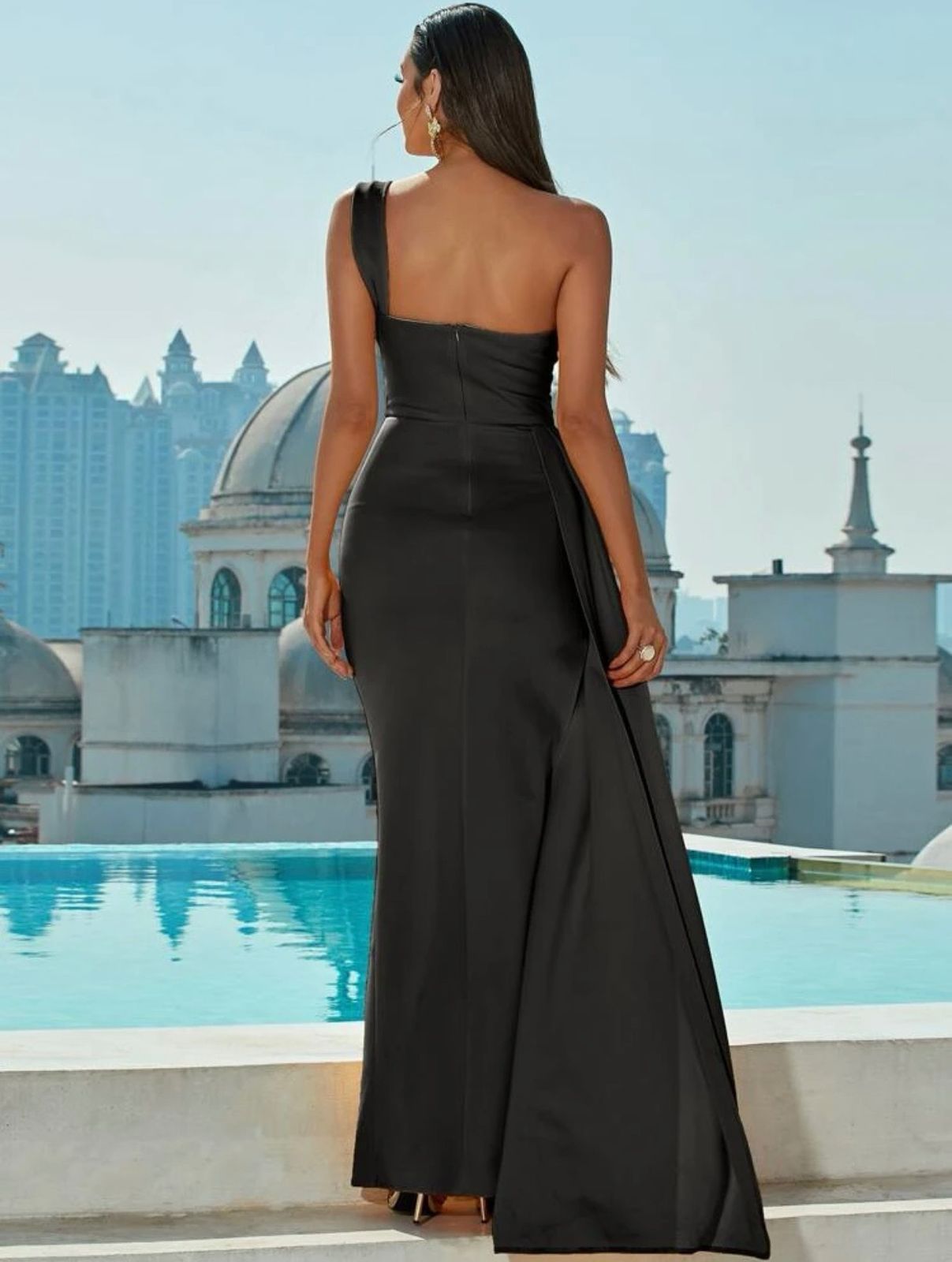 Women Black One Shoulder Formal Gown with Sli YAGA