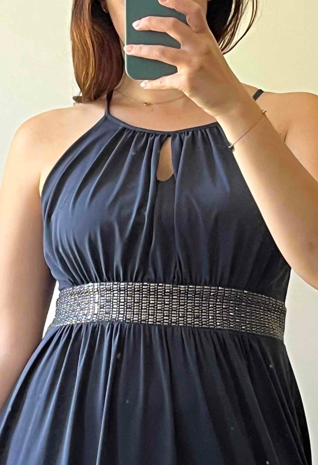 Foschini Grey Navy maxi evening dress with silver detailing under the bust very flattering fit. Onl