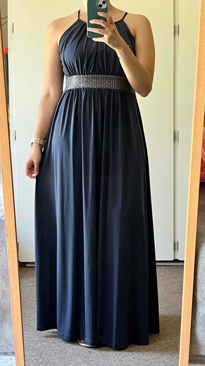 Foschini Grey Navy maxi evening dress with silver detailing under the bust very flattering fit. Onl