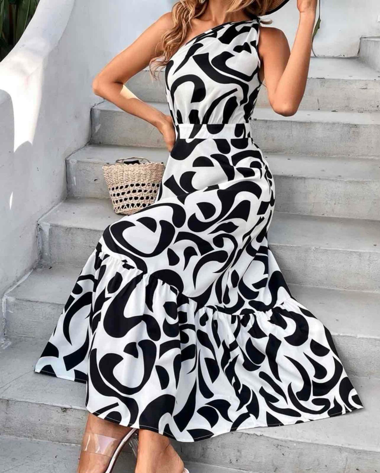 shein black and white formal dress Clarina | Black Asymmetric-Neck Midi Dress With Bow-Detail main image 0